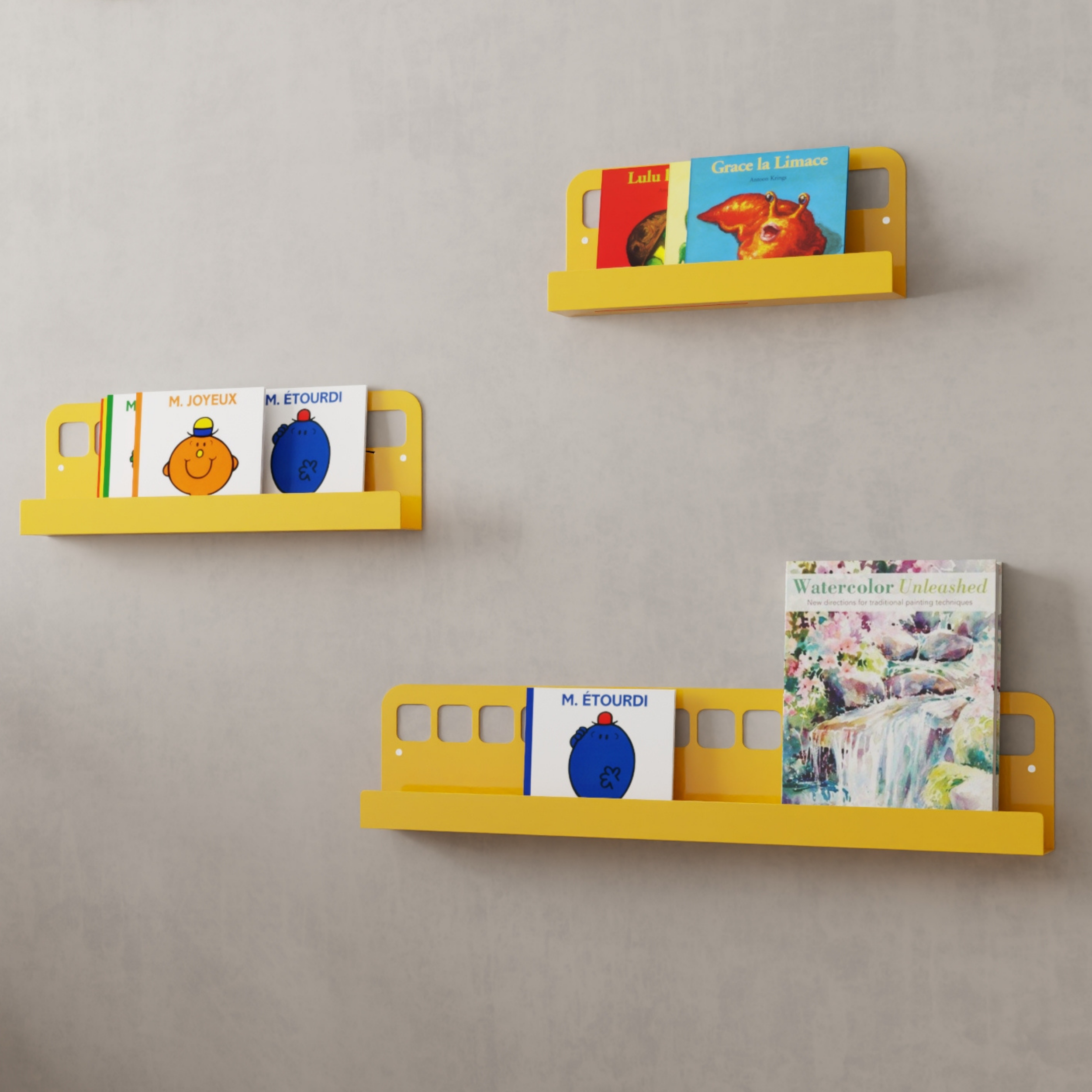 Children's wall mounted metal bus shape bookshelves in yellow color
